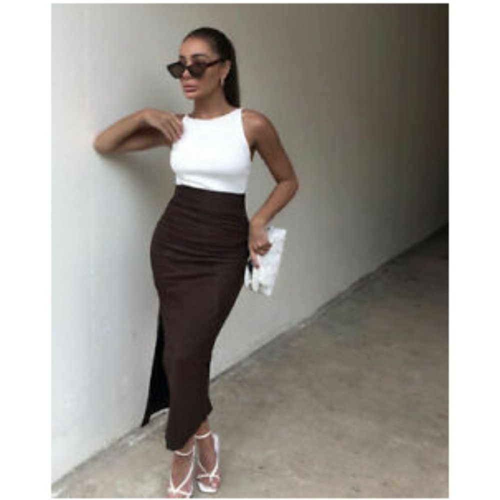 NWT Zara Size S Brown Draped Pencil Skirt